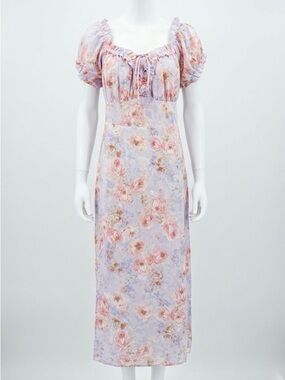 NWT Cider Floral Smocked Puff Sleeve Slit Midi Dress Lavender Peach Size 1XL